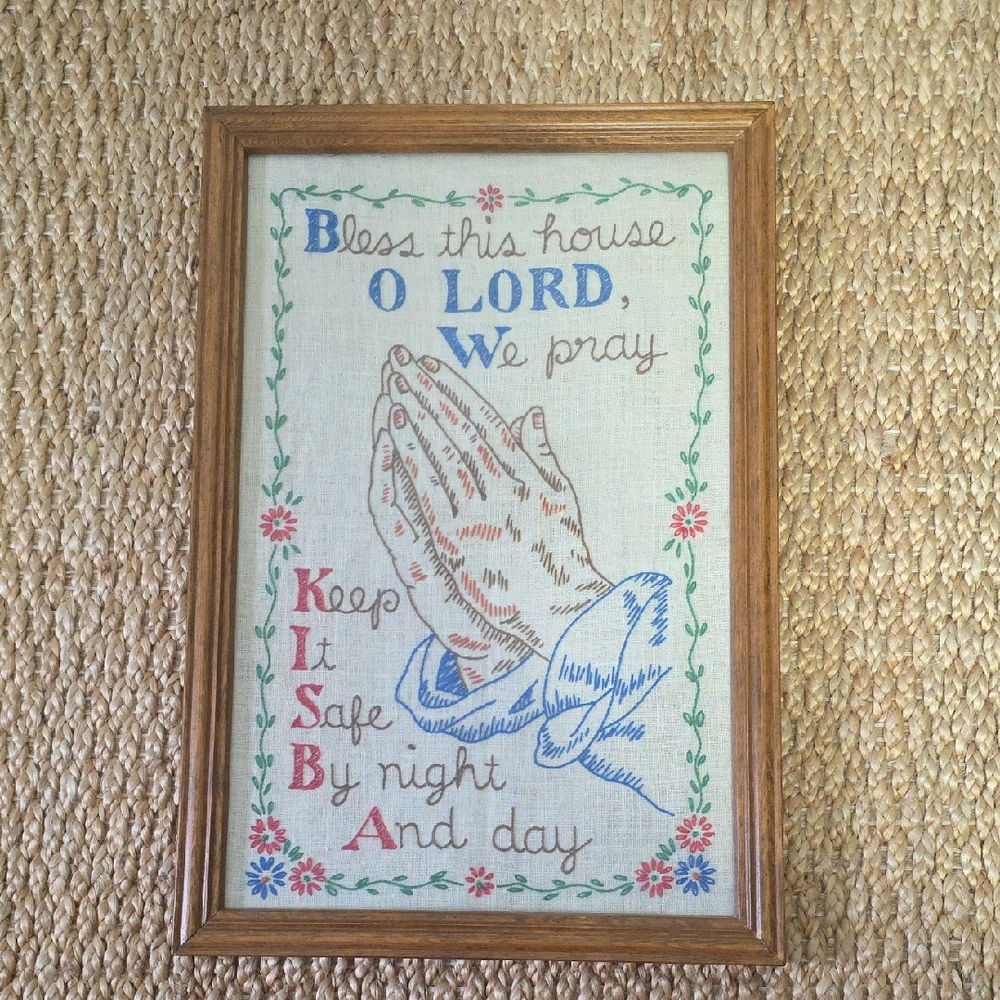 Vintage Embroidered Prayer Wall Art with Wooden Frame "Bless This House O Lord"